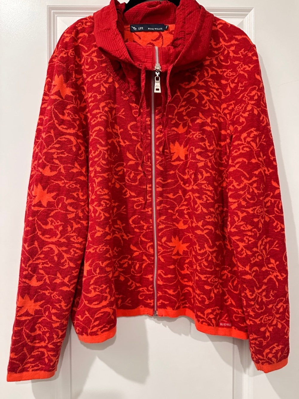 Blue Willi's Red and Orange Patterned Zip-Front Cowl Neck Jacket - Picture 2 of 4